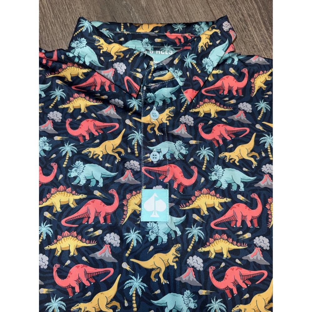 Pins & Aces Mens XXL Dinosaur Print Golf Polo Shirt Navy Blue Short Sleeve